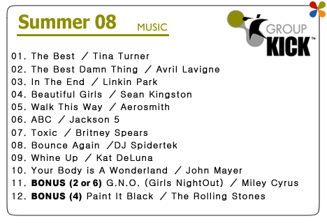 GROUP KICK [SUMMER'08]@01.The Best ^ Tina Turner@02.The Best Damn Thing ^ Avril Lavigne@03.In The End ^ Linkin Park@04.Beautiful Girls ^ Sean Kingston@05.Walk This Way ^ Aerosmith@06.ABC ^ Jackson 5@07.Toxic ^ Britney Spears@08.Bounce Again ^DJ Spidertek@09.Whine Up ^ Kat DeLuna@10.Your Body is A Wonderland ^ John Mayer@11.BONUS (2 or 6) G.N.O. (Girls NightOut) ^ Miley Cyrus@12.BONUS (4) Paint It Black ^ The Rolling Stones